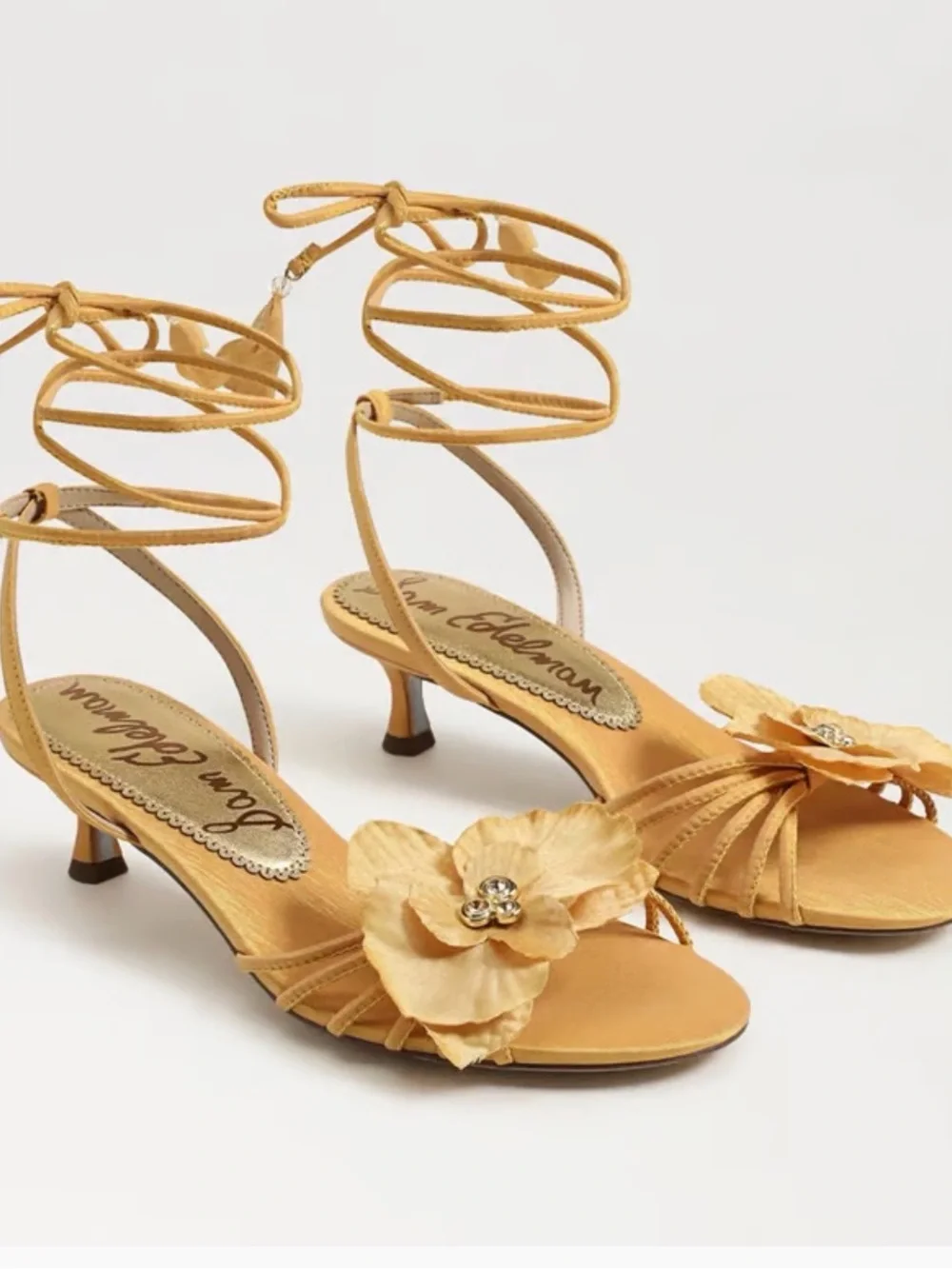 Sam Edelman Gold Floral Lace-Up Kitten Heels